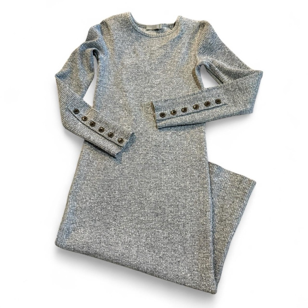 Vince Ribbed Knit Sweater Dress Grey Button Detail Midi Dress XS - Picture 4 of 10